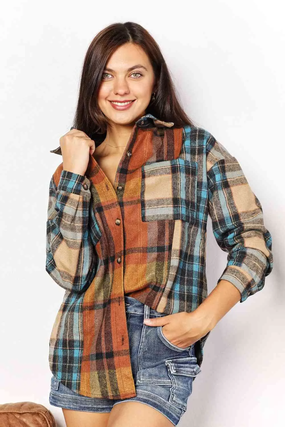 Plaid Curved Hem Shirt Jacket with Breast Pockets