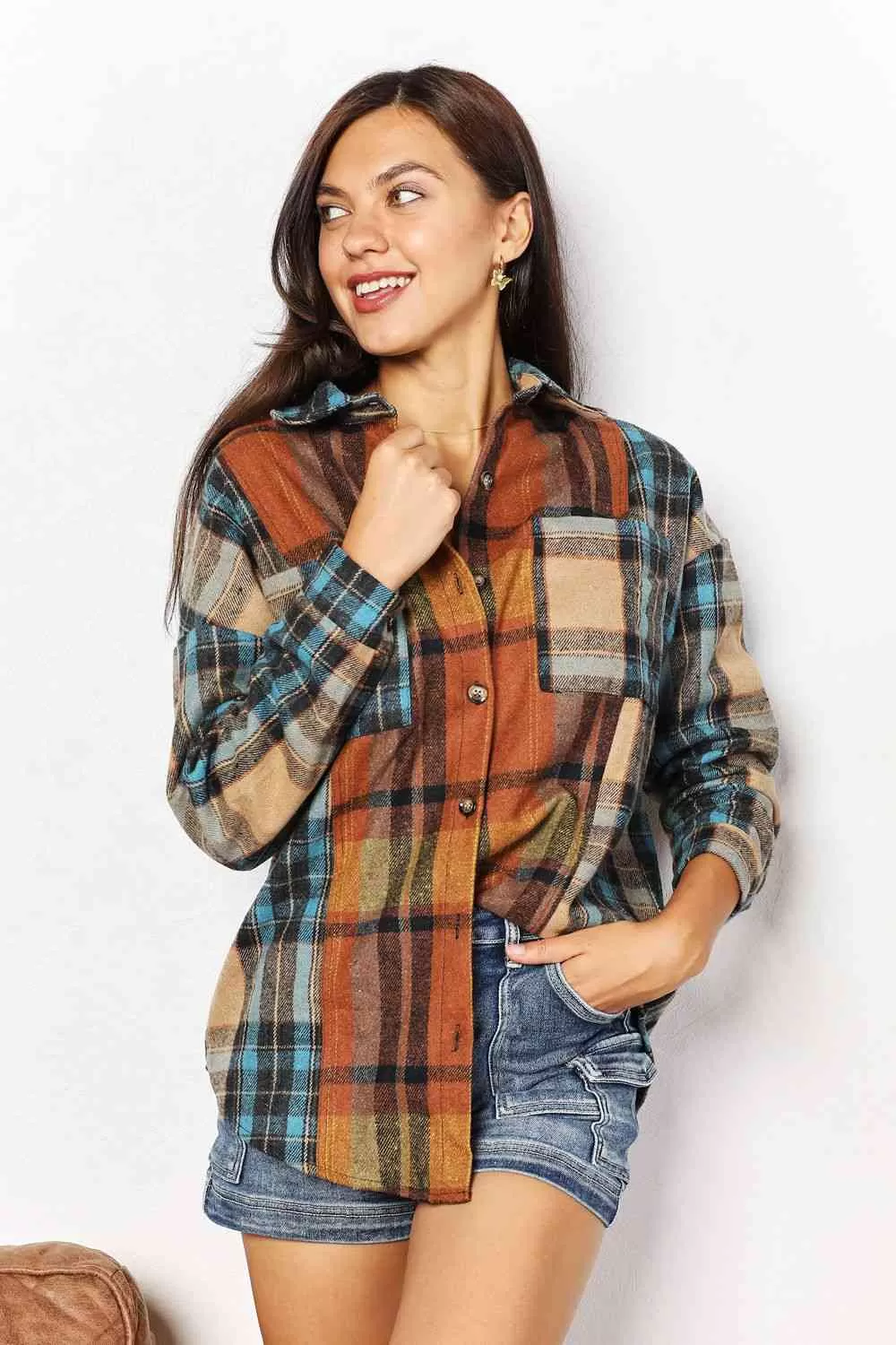 Plaid Curved Hem Shirt Jacket with Breast Pockets