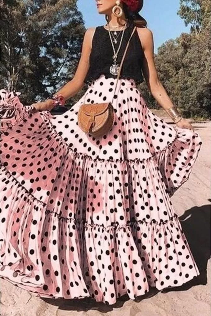 Polka Dot Maxi Skirt Layered High Waist Pleated