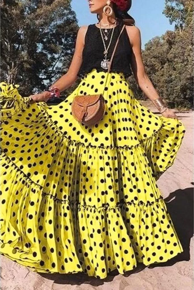 Polka Dot Maxi Skirt Layered High Waist Pleated