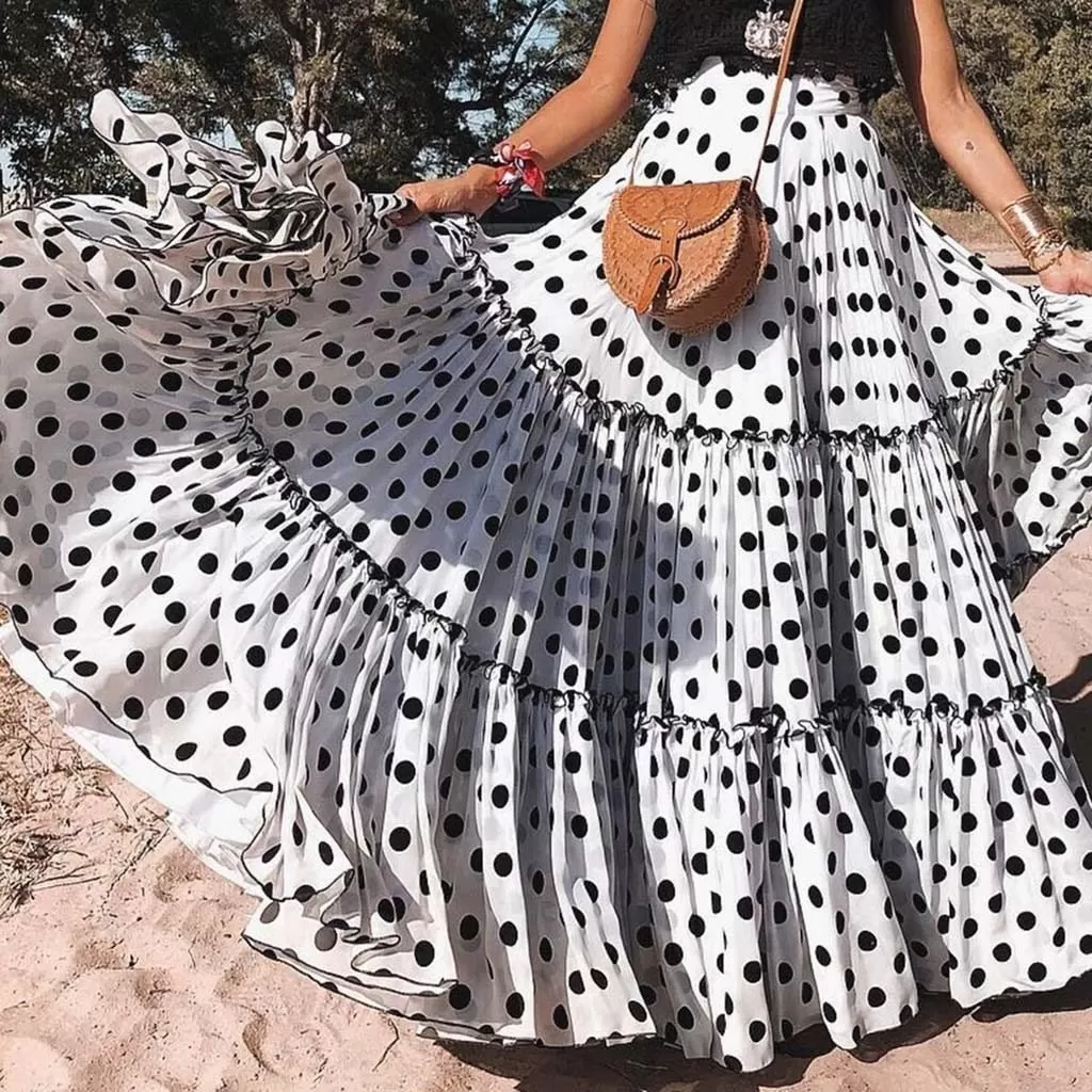 Polka Dot Maxi Skirt Layered High Waist Pleated