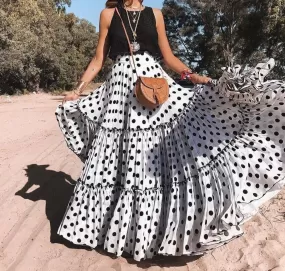 Polka Dot Maxi Skirt Layered High Waist Pleated