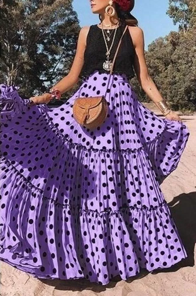 Polka Dot Maxi Skirt Layered High Waist Pleated