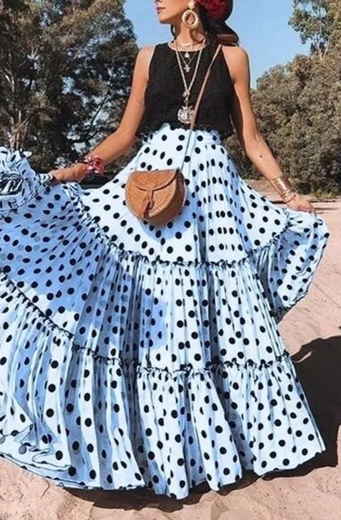 Polka Dot Maxi Skirt Layered High Waist Pleated