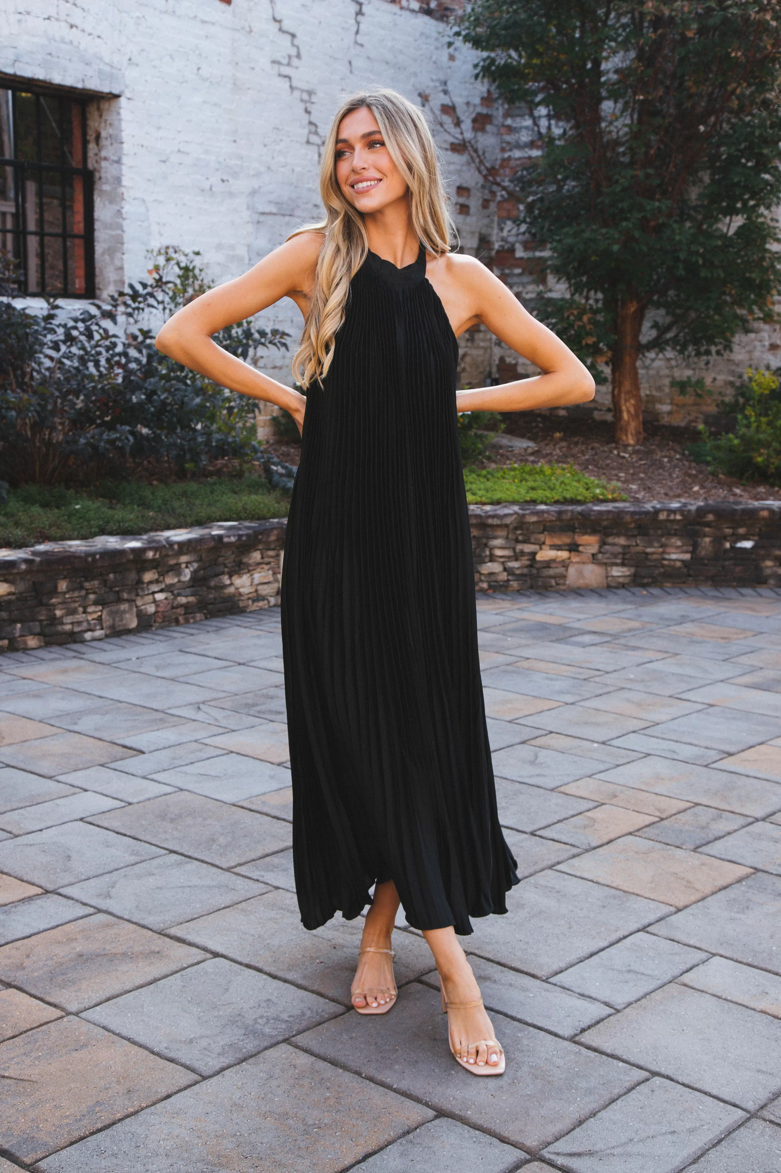 Polly Pleated Long Dress, Black