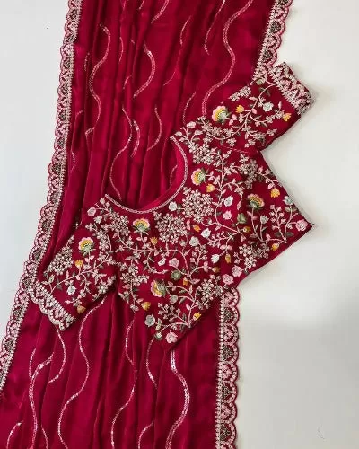 Red Tissue Silk Designer Saree with Fully Stitched Readymade Blouse