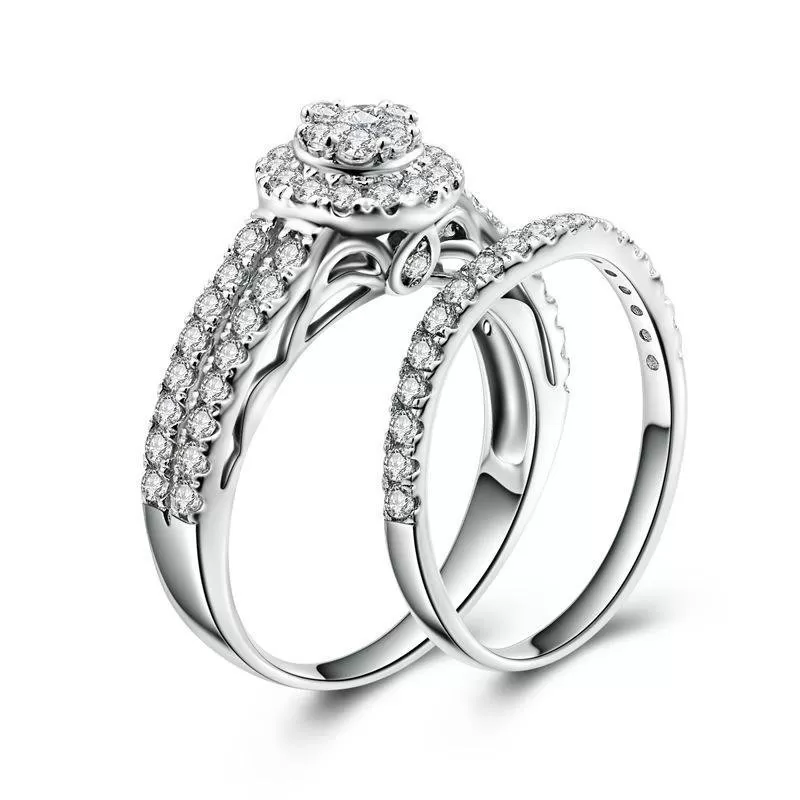 Round Halo Double?Row Split Silver Wedding Set