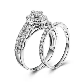 Round Halo Double?Row Split Silver Wedding Set