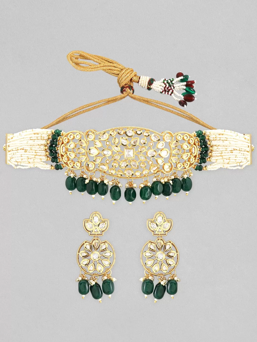 Rubans 22K Gold Plated Kundan Choker Set With Green And White Beads