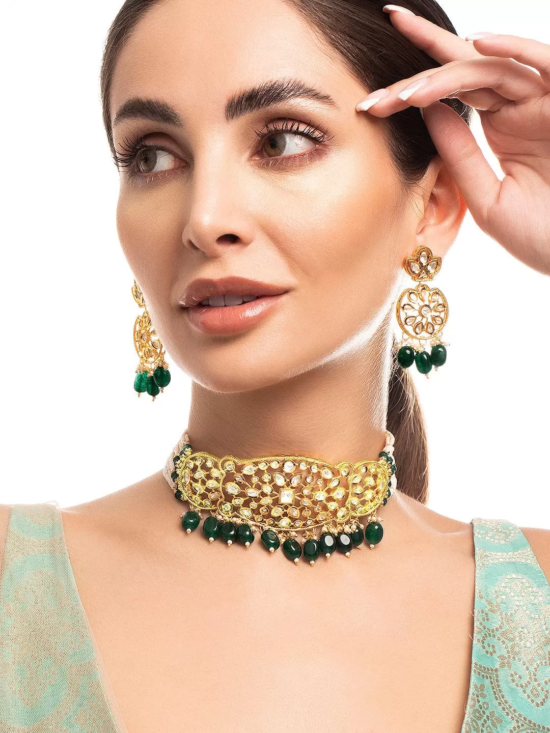 Rubans 22K Gold Plated Kundan Choker Set With Green And White Beads