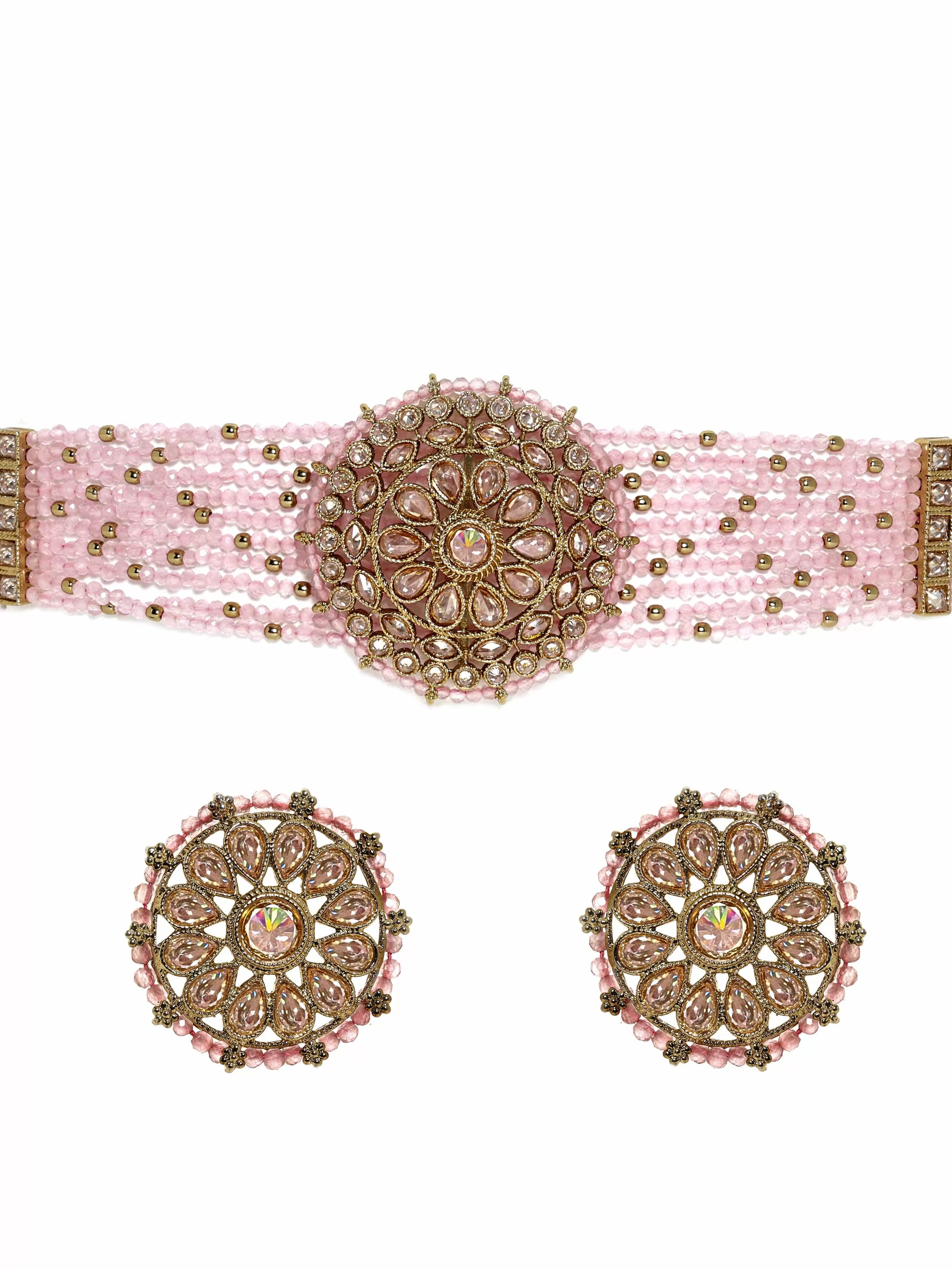 Rubans 22k mehndi Gold plated Dazzling Reverse AD pastel pink beaded choker set