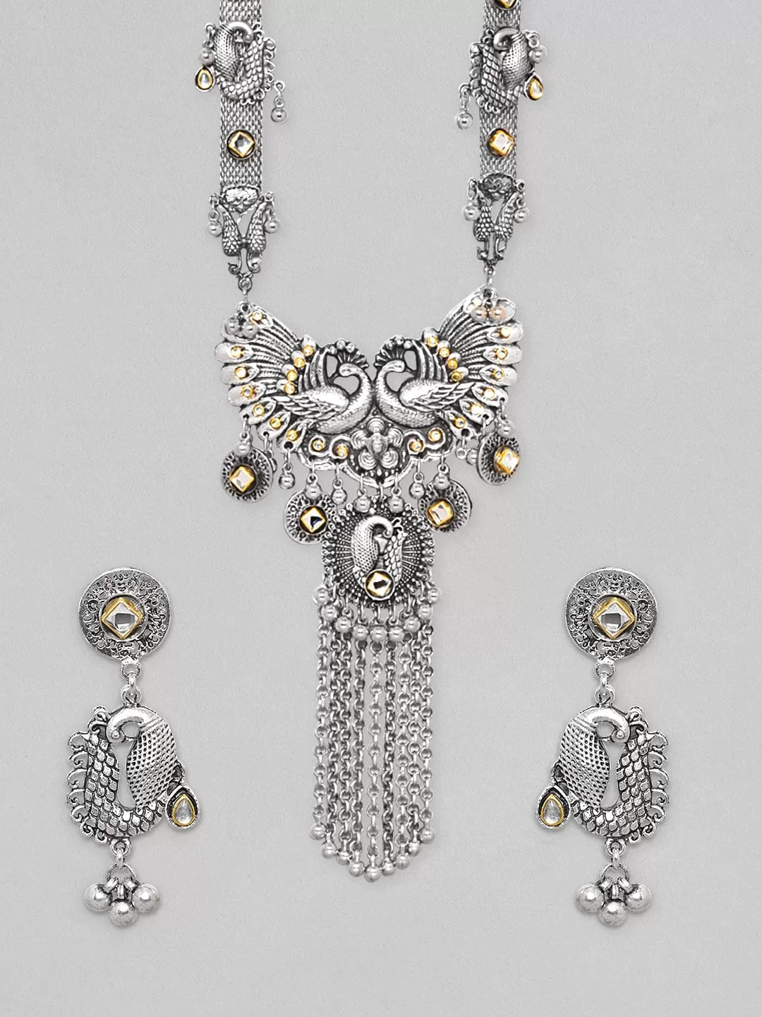 Rubans Oxidized Silver Plated Peacock Motif With Tassels Long Necklace Set