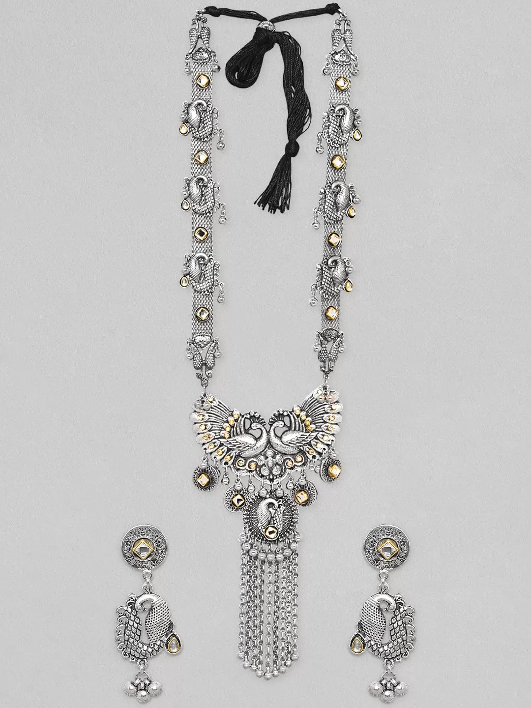 Rubans Oxidized Silver Plated Peacock Motif With Tassels Long Necklace Set