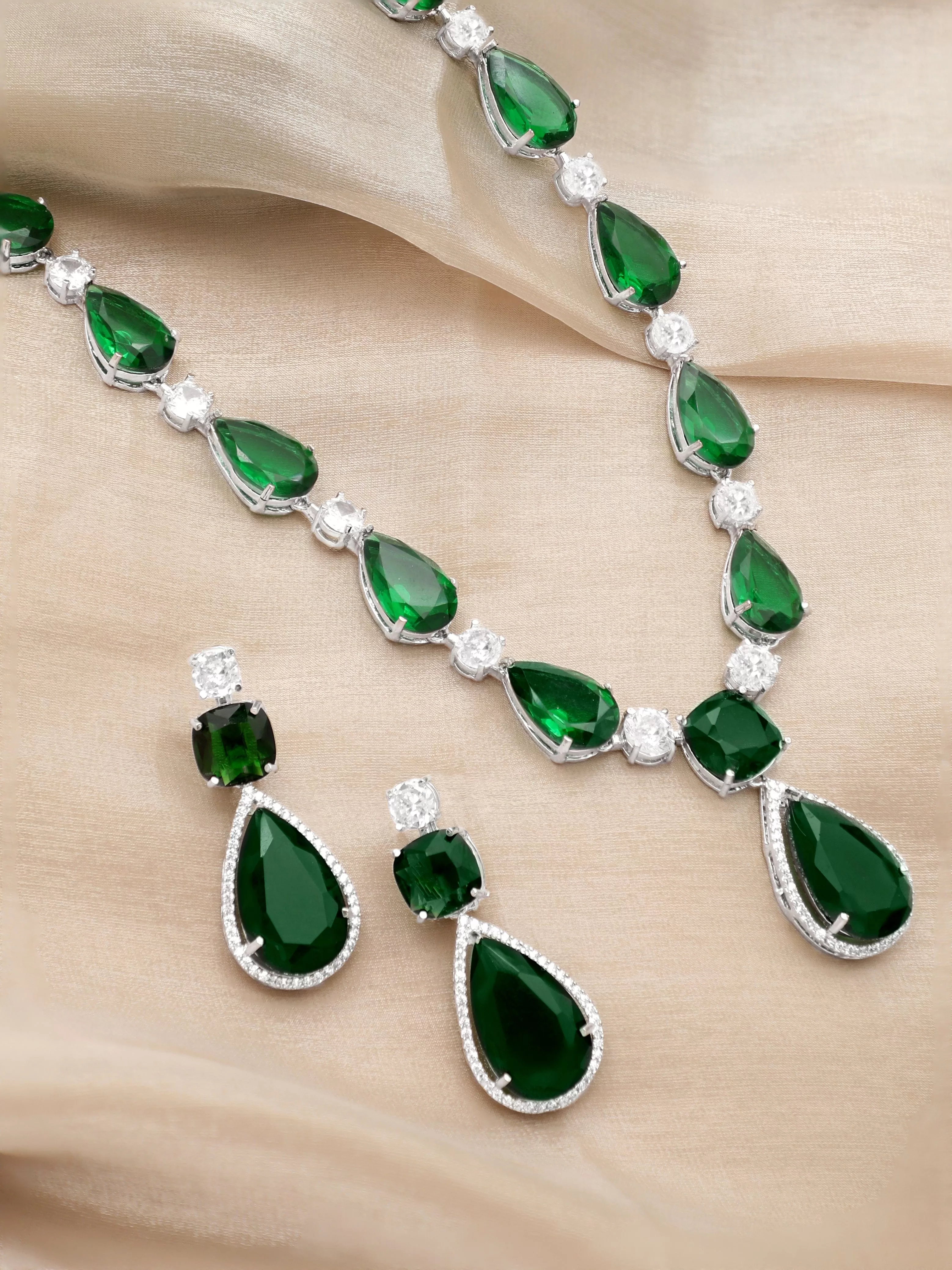 Rubans Rhodium Plated Emerald Green Doublet & Premium Zirconia Necklace Set