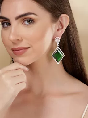 Rubans Rhodium Plated Emerald Green Zirconia Dangle Earrings