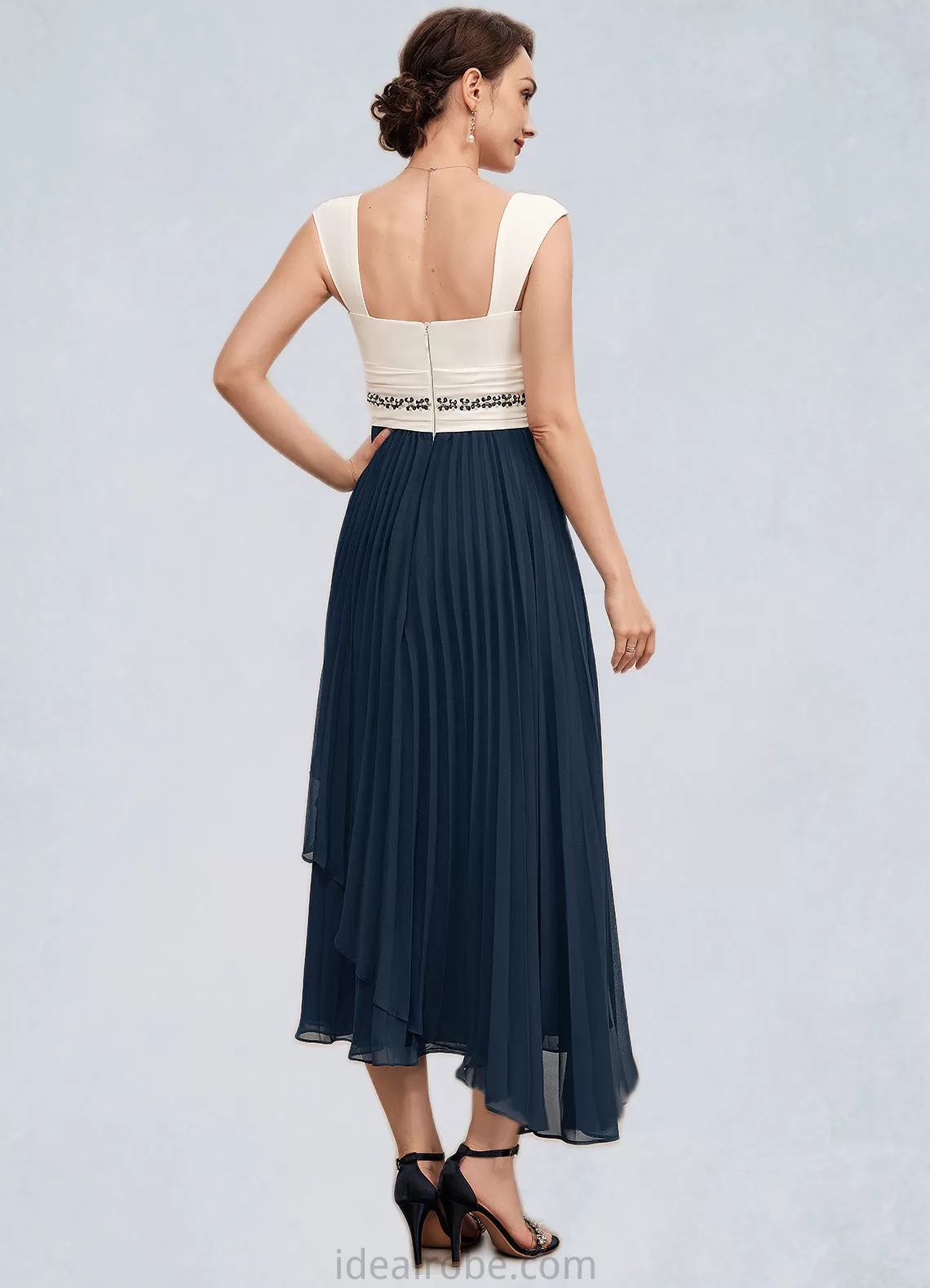 Shiloh A-Line Square Neckline Tea-Length Chiffon Mother of the Bride Dress With Beading Sequins Pleated STK126P0014594