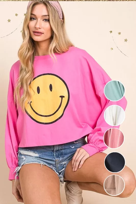 SMILEY FACE LONG SLEEVE CROP TOP