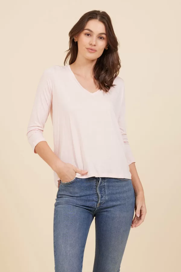 Soft Touch 3/4 Sleeve Pleat Back V-Neck in Powder