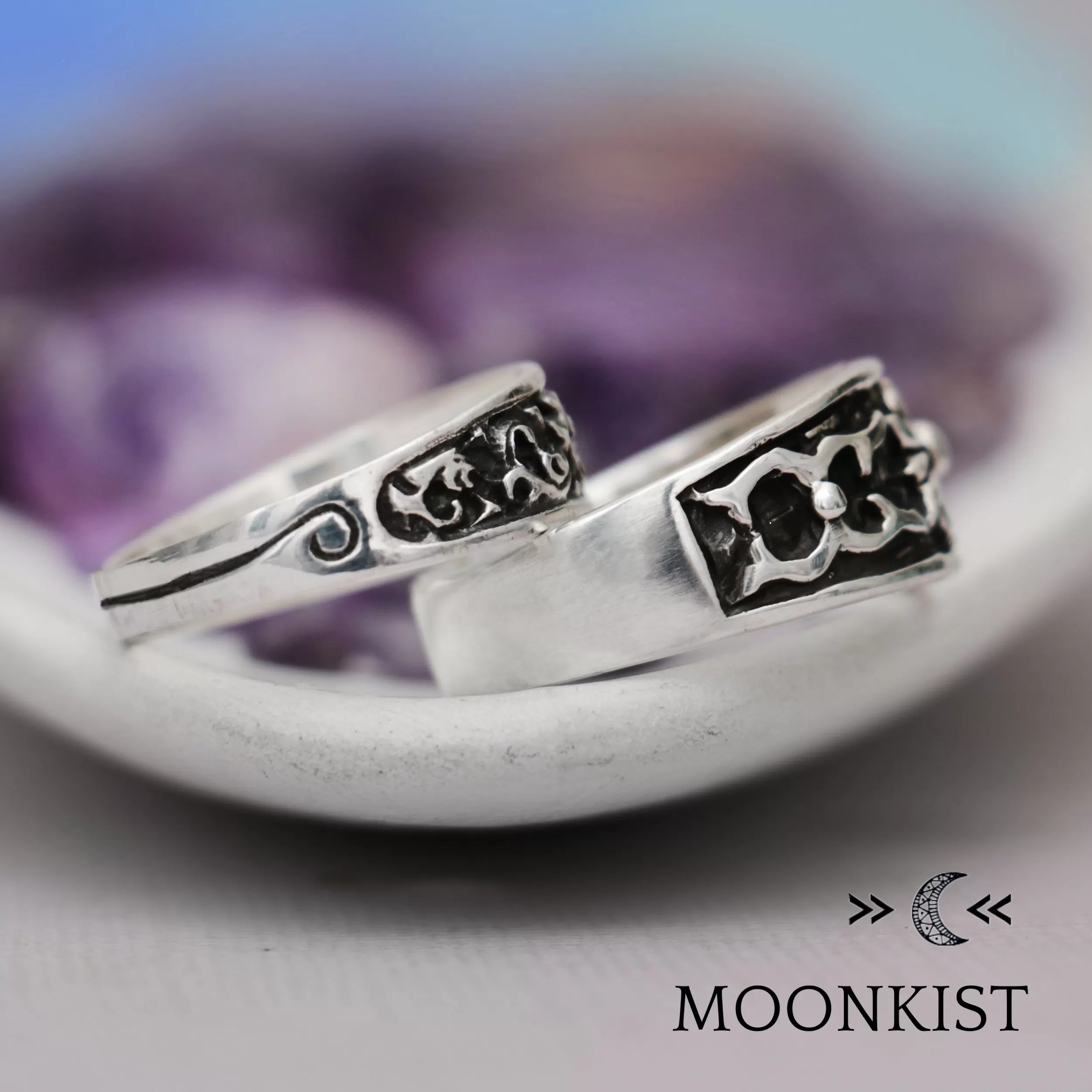 Sterling Silver Medieval Cross Wedding Band Ring Set  | Moonkist Designs