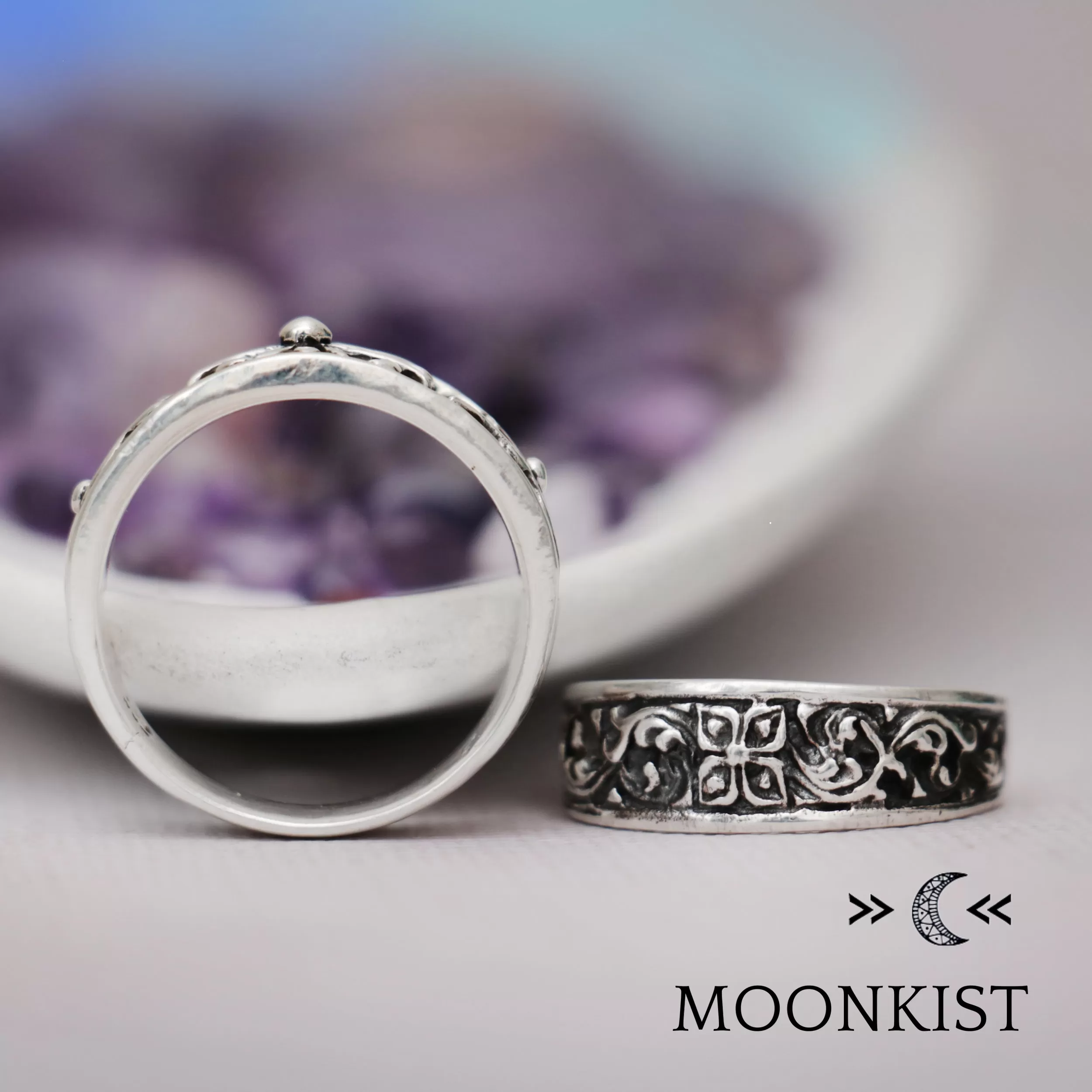 Sterling Silver Medieval Cross Wedding Band Ring Set  | Moonkist Designs