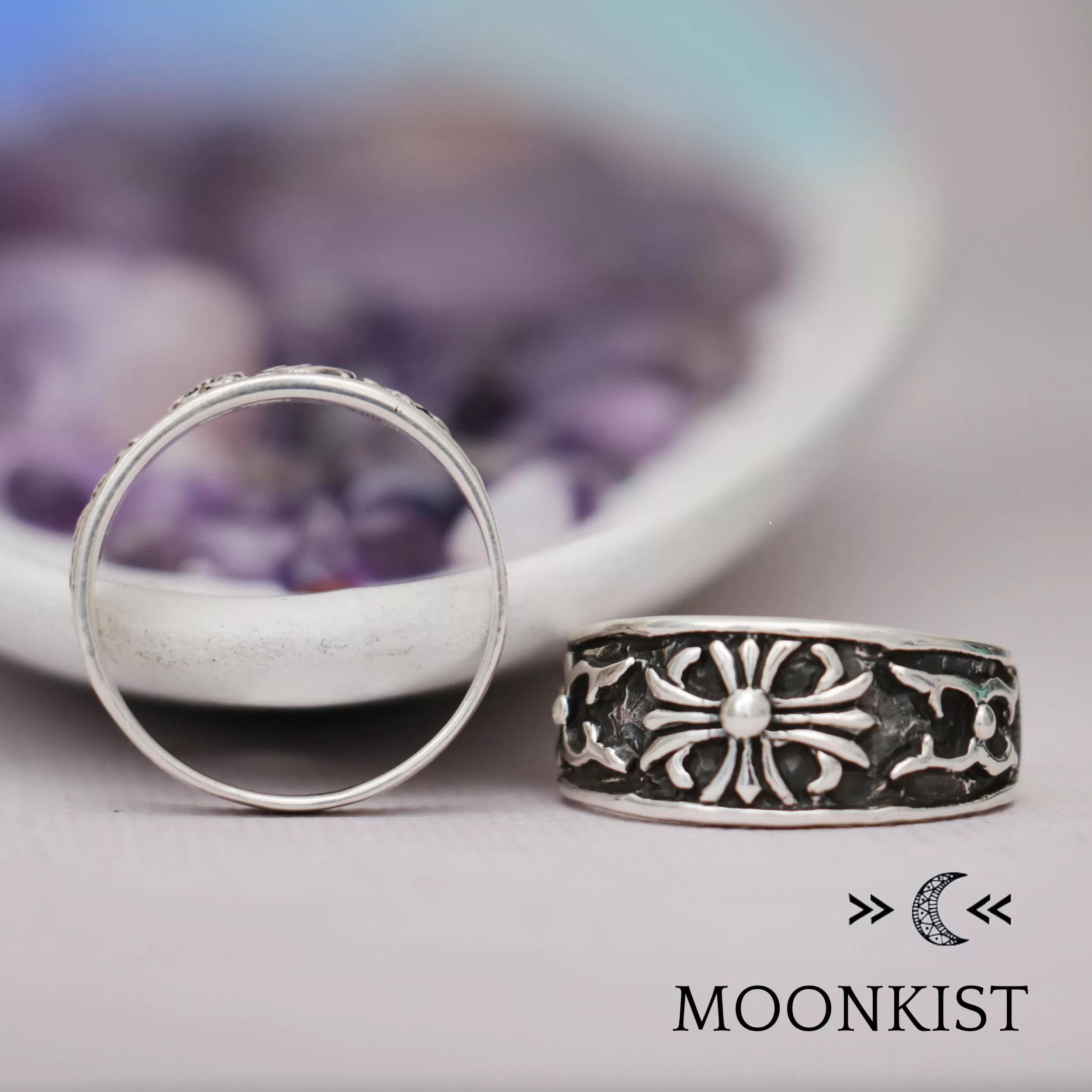 Sterling Silver Medieval Cross Wedding Band Ring Set  | Moonkist Designs