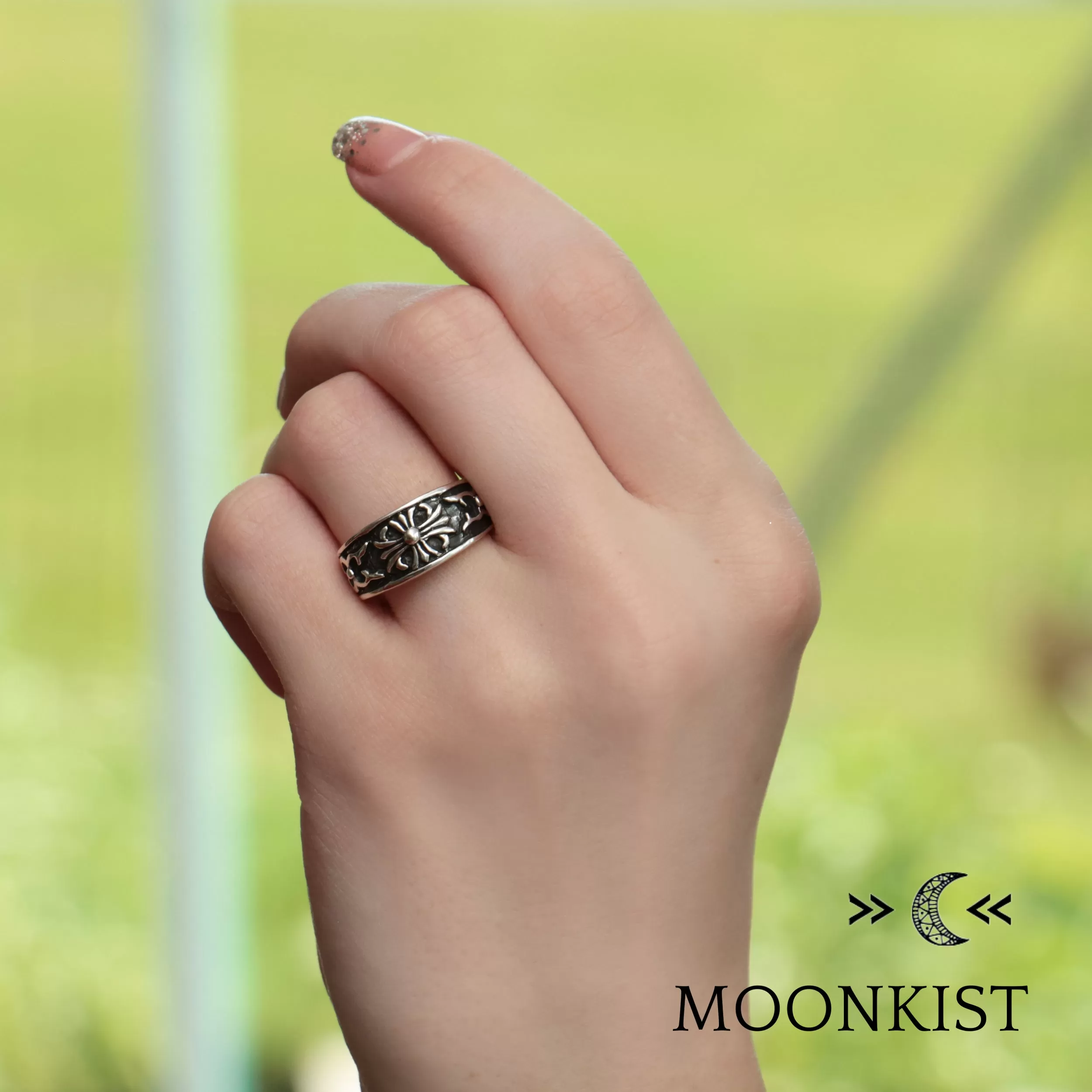 Sterling Silver Medieval Cross Wedding Band Ring Set  | Moonkist Designs