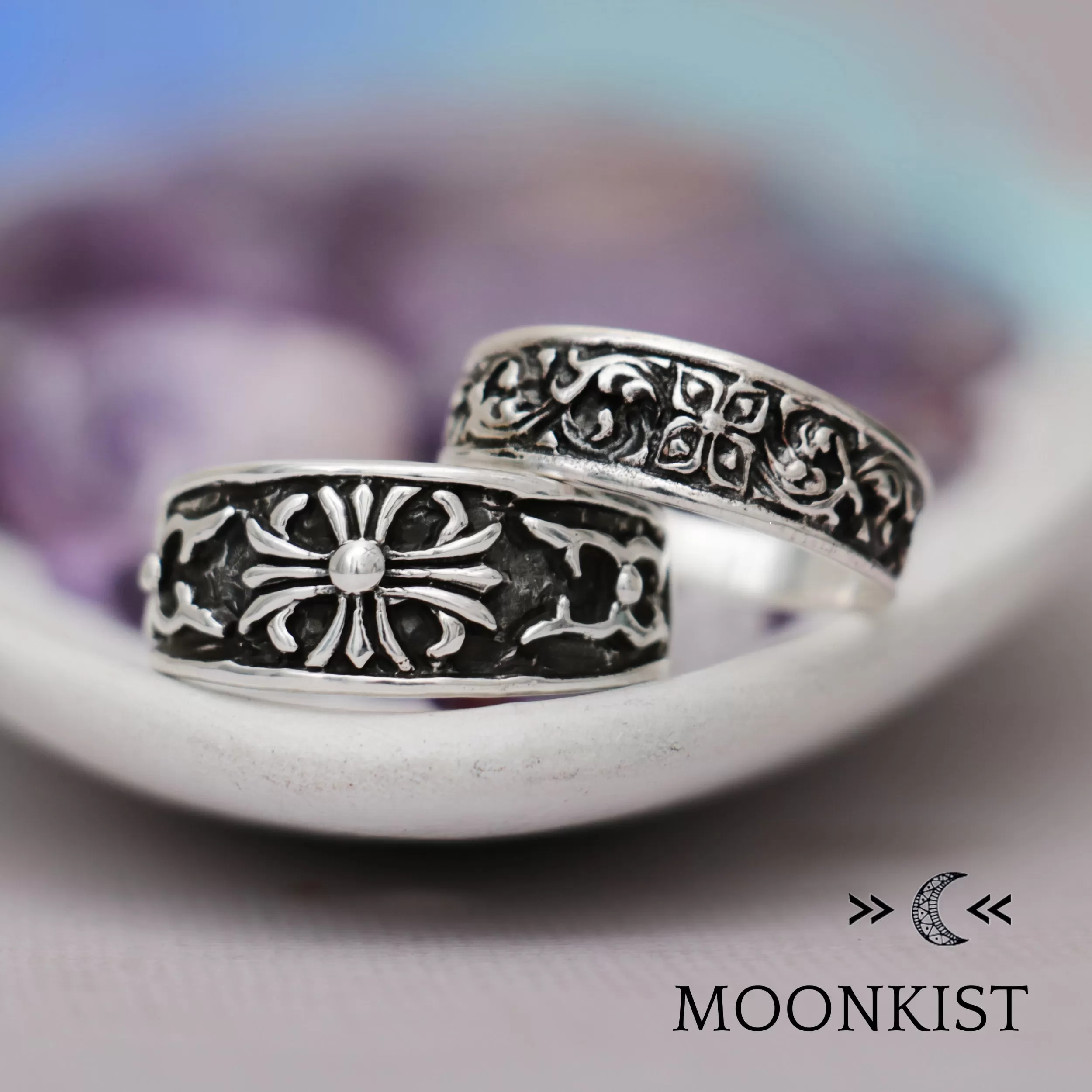 Sterling Silver Medieval Cross Wedding Band Ring Set  | Moonkist Designs