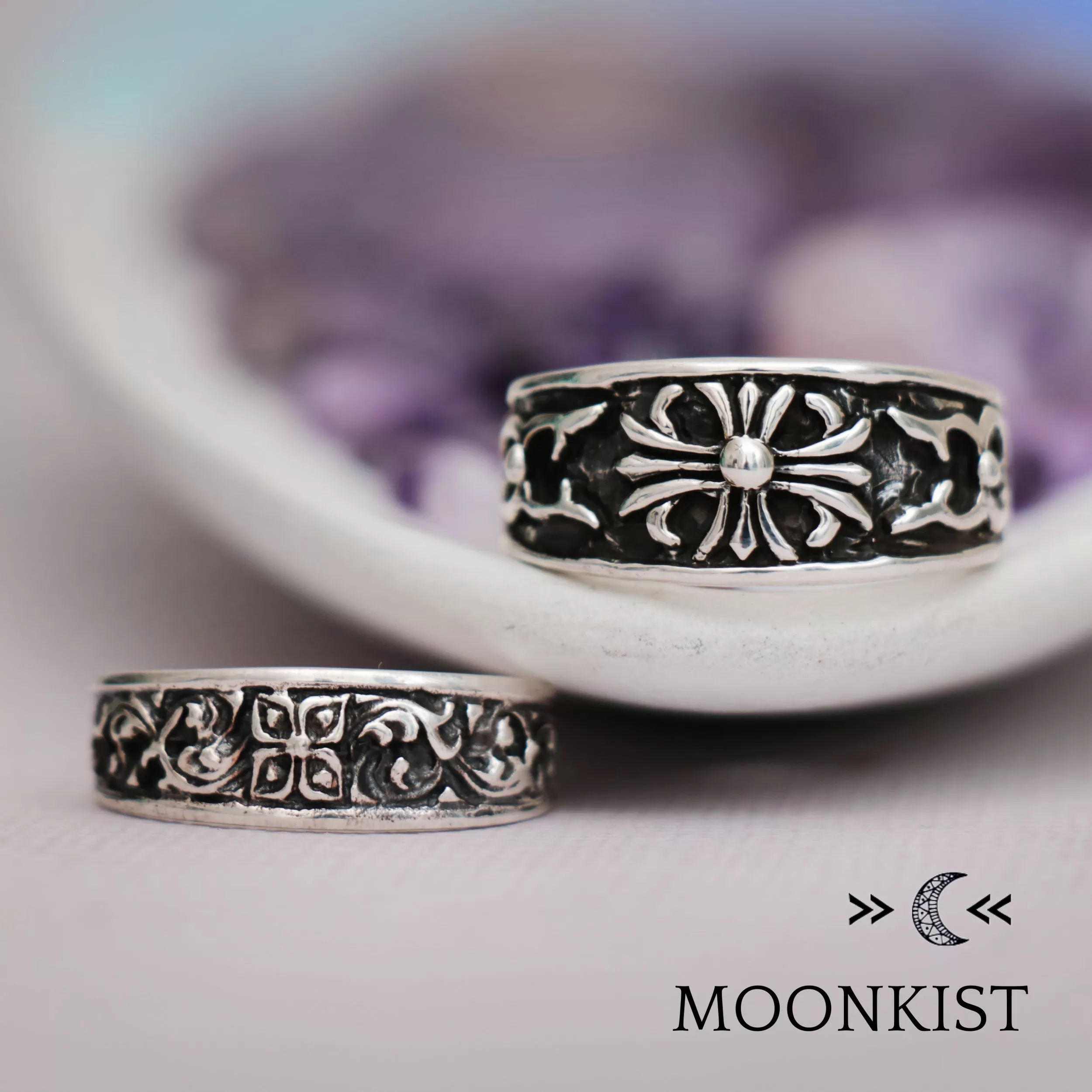 Sterling Silver Medieval Cross Wedding Band Ring Set  | Moonkist Designs