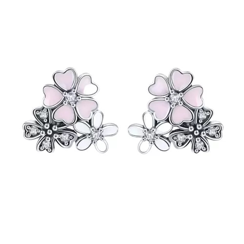 Sterling Silver Pink Flower Stud Earrings