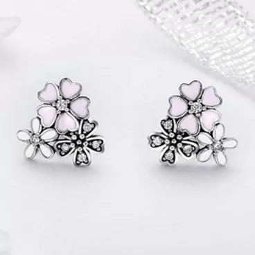 Sterling Silver Pink Flower Stud Earrings