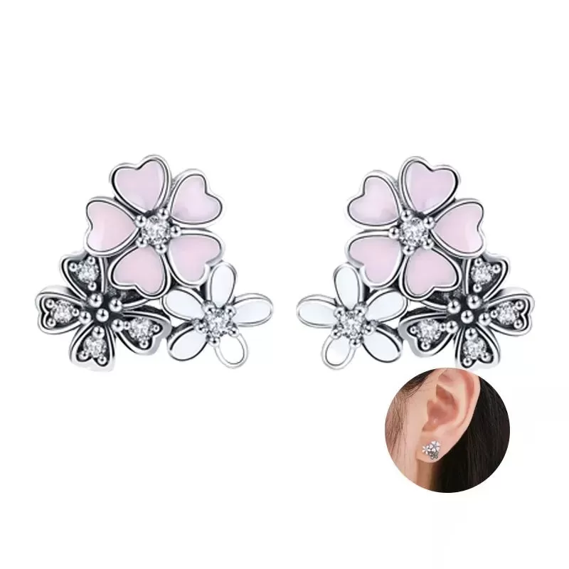 Sterling Silver Pink Flower Stud Earrings