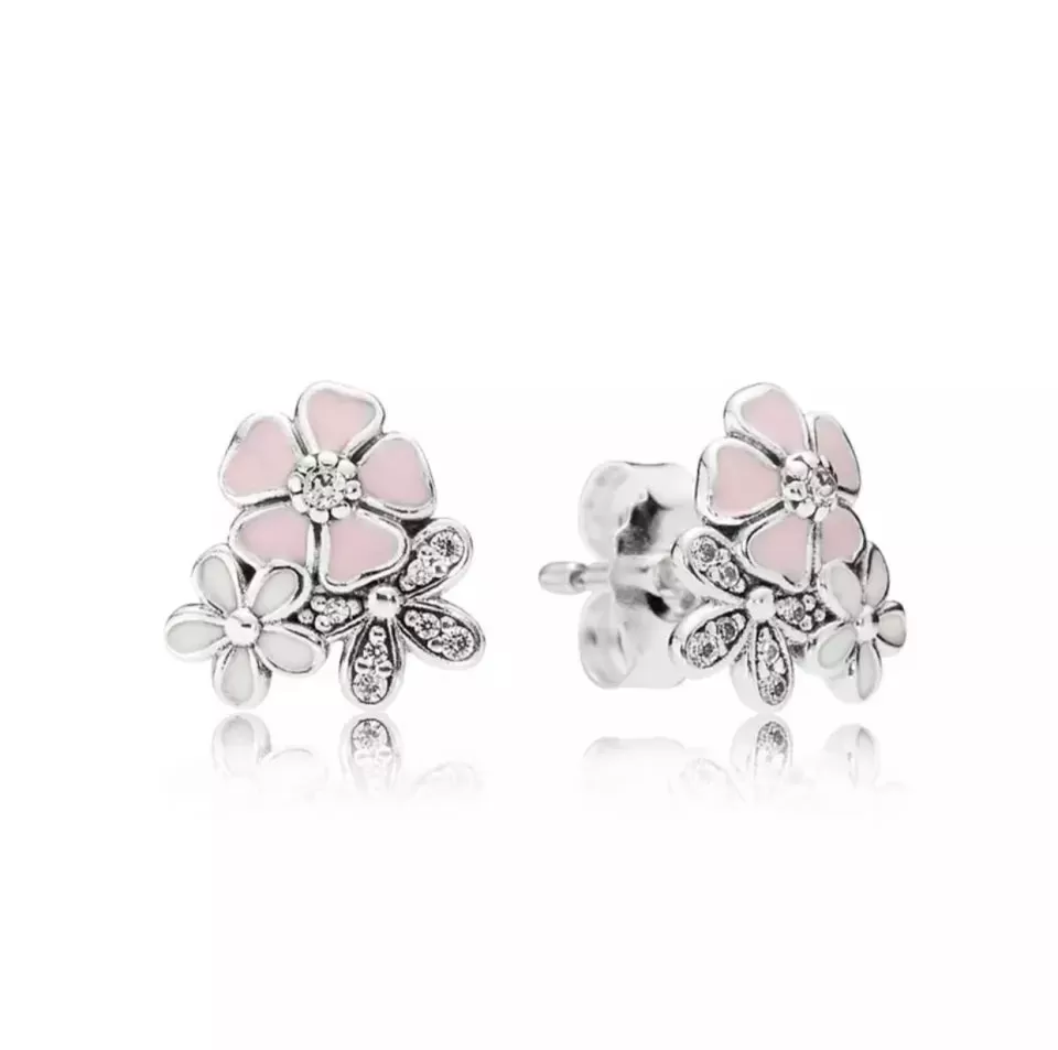 Sterling Silver Pink Flower Stud Earrings