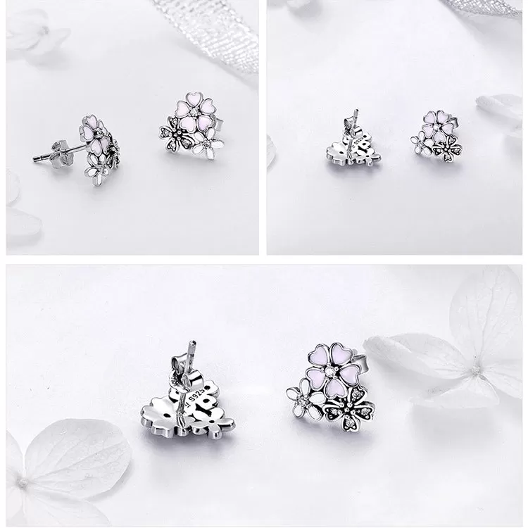 Sterling Silver Pink Flower Stud Earrings