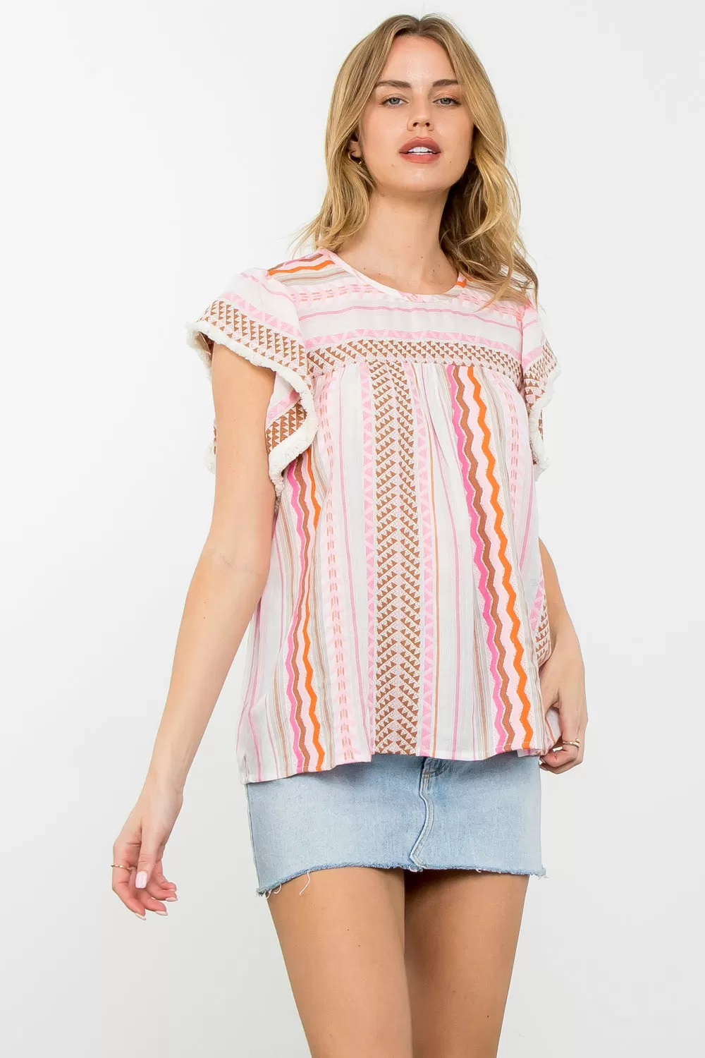 Striped Pattern Flutter Sleeve Top