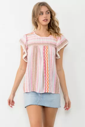 Striped Pattern Flutter Sleeve Top