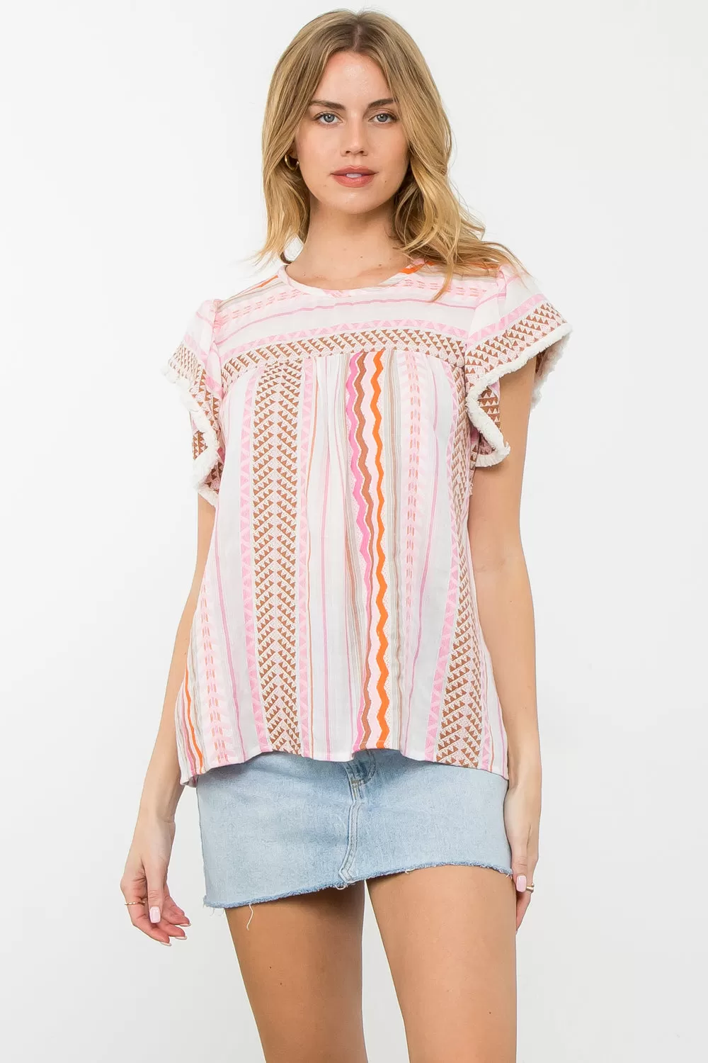 Striped Pattern Flutter Sleeve Top