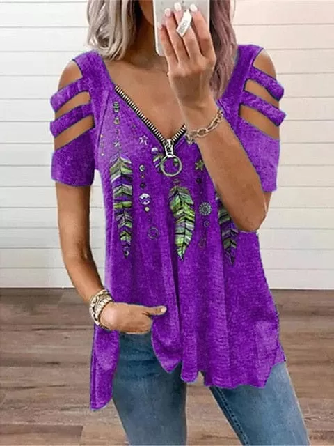 Stylish Women's V-Neck Blouse with Hollow-out Shoulders and Feather Print