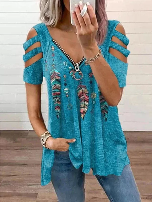 Stylish Women's V-Neck Blouse with Hollow-out Shoulders and Feather Print