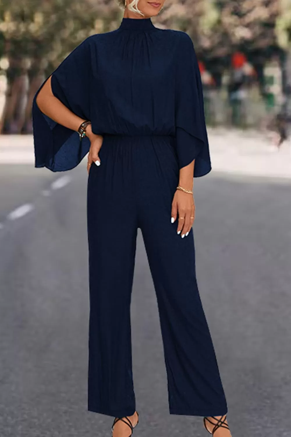 Sunset and Swim Tie Back Mock Neck Split Sleeve Jumpsuit