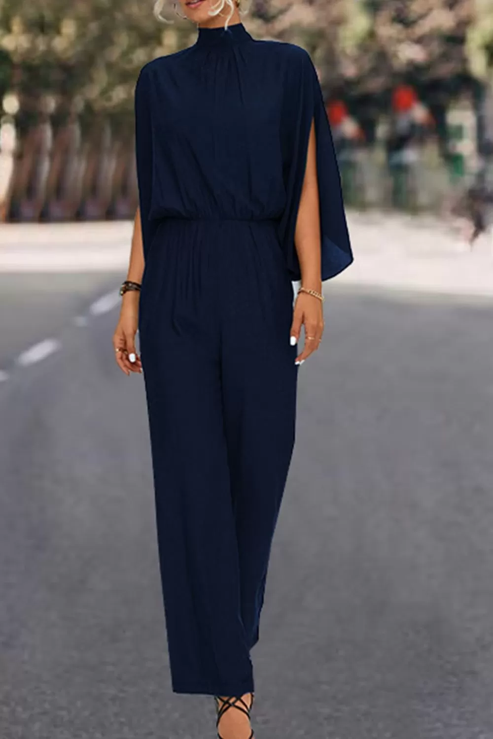 Sunset and Swim Tie Back Mock Neck Split Sleeve Jumpsuit