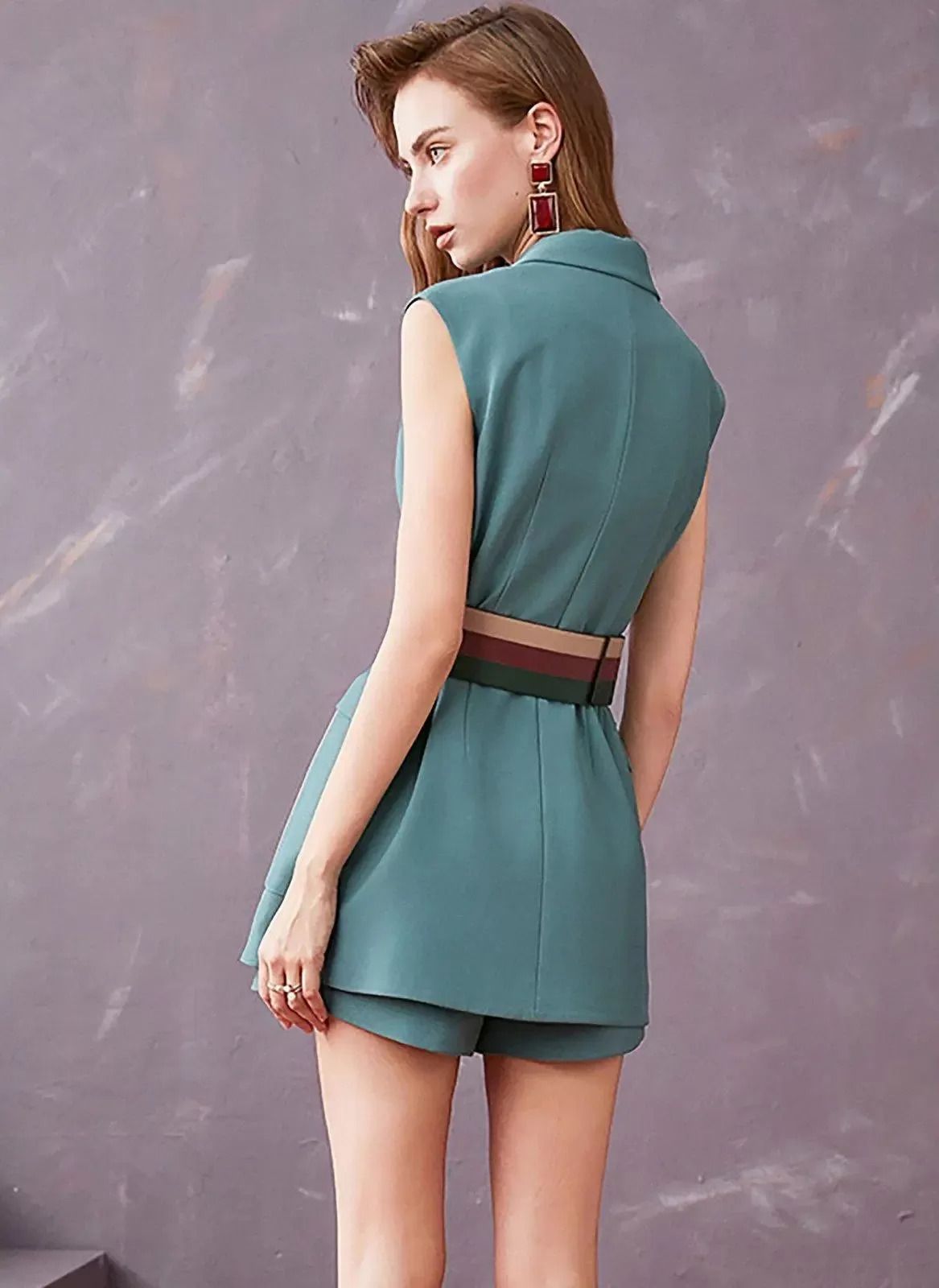 Teal Sleeveless Contrast Belt Blazer & Shorts Set