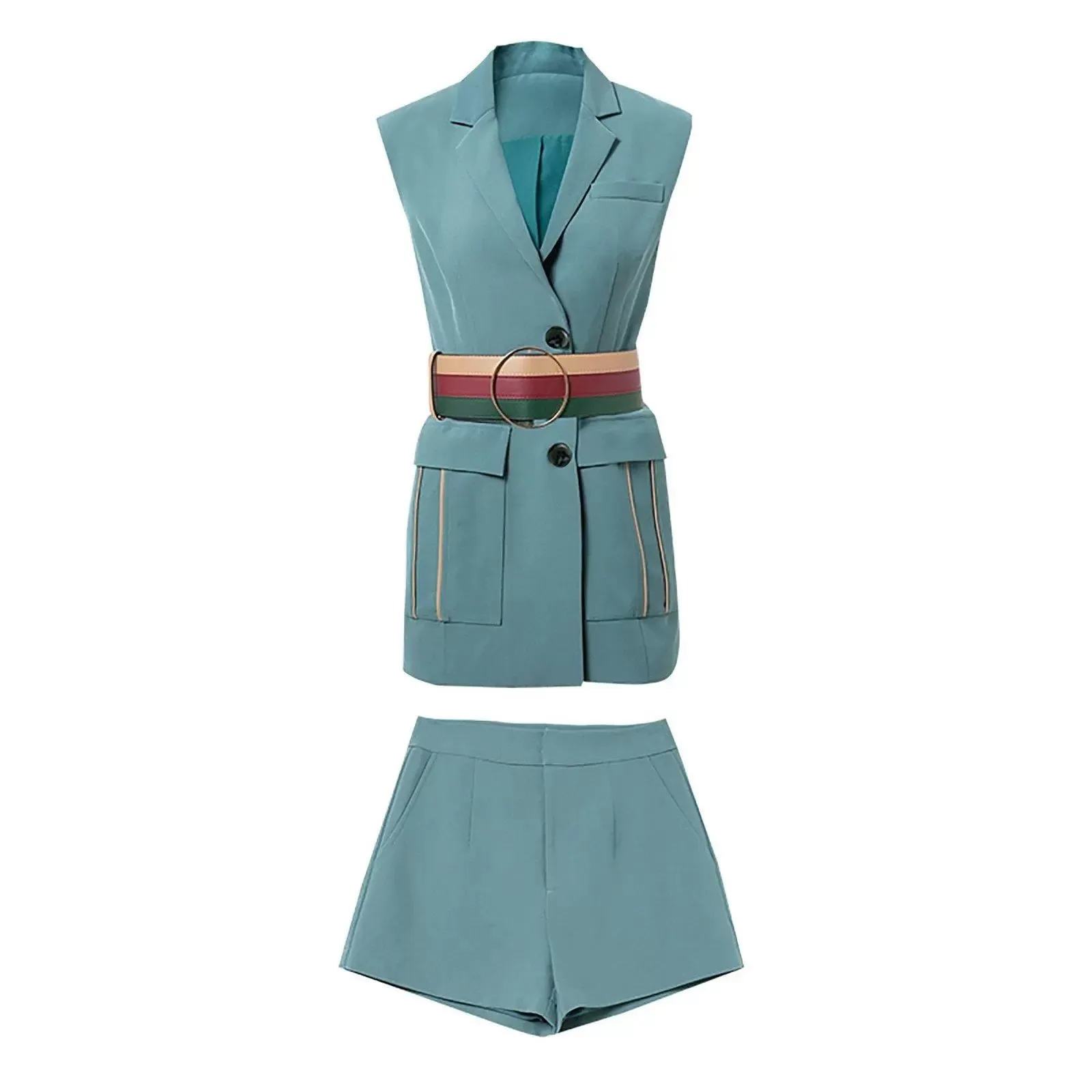 Teal Sleeveless Contrast Belt Blazer & Shorts Set