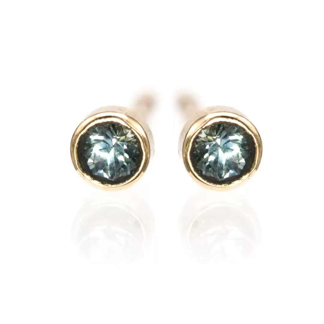 Tiny Montana Sapphire Bezel Set 14k Yellow Gold Stud Earring (Single or Pair)