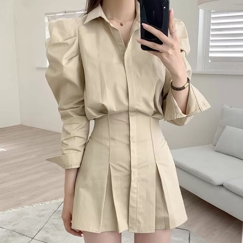 Turn Down Collar Long Sleeve Dress Women High Waist Hip A Line Draped Vestidos Spring 2022 New Solid Robe Slim