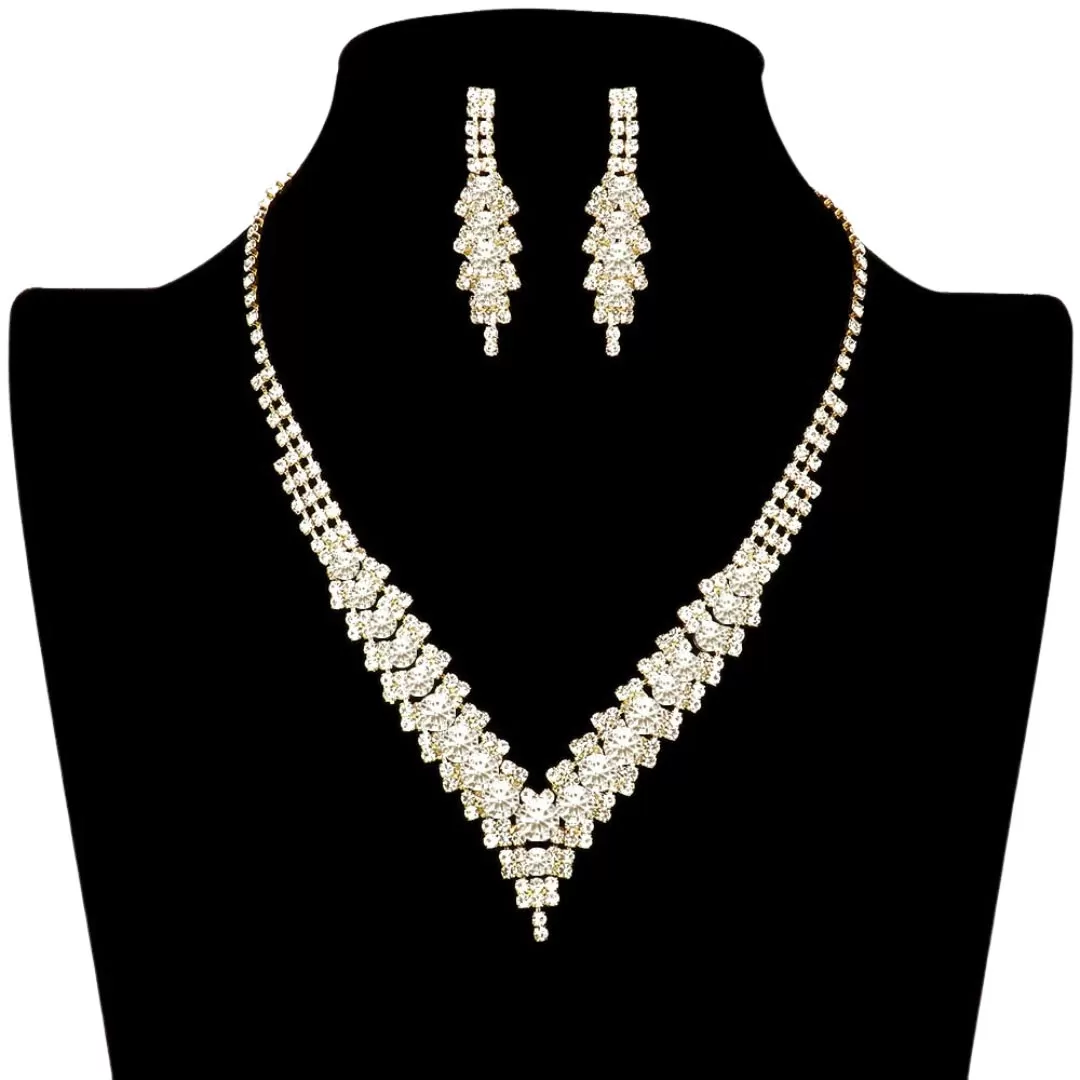 V-Neck Collar Rhinestone Necklace Earring Set