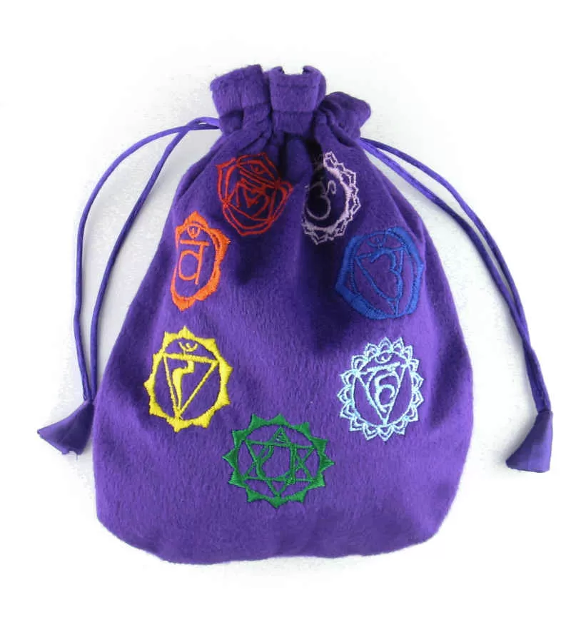 Velveteen Drawstring Pouch With Embroidered Chakra Symbols