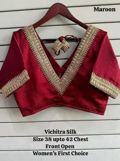 Vichitra Silk V Neck Embroidery And Sequence Readymade Saree Blouse