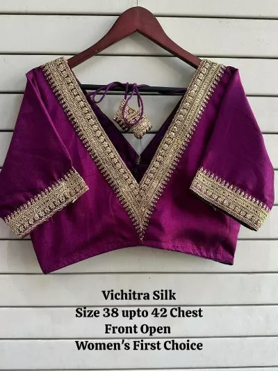 Vichitra Silk V Neck Embroidery And Sequence Readymade Saree Blouse