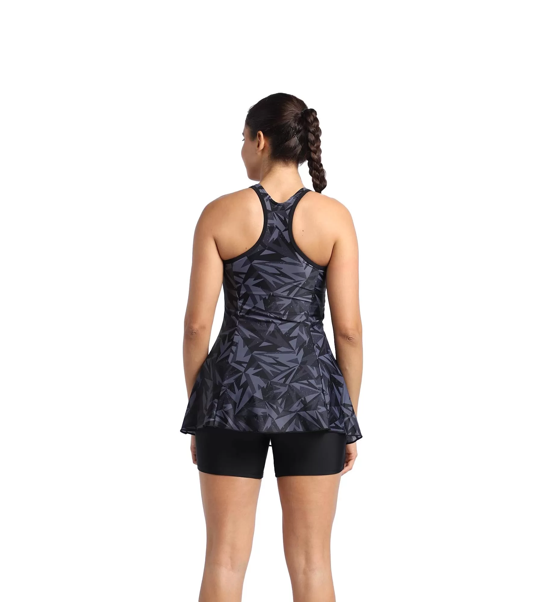 Women's Endurance Hyperboom Printed Racerback Swimdress With Boyleg - Black & Oxid Grey